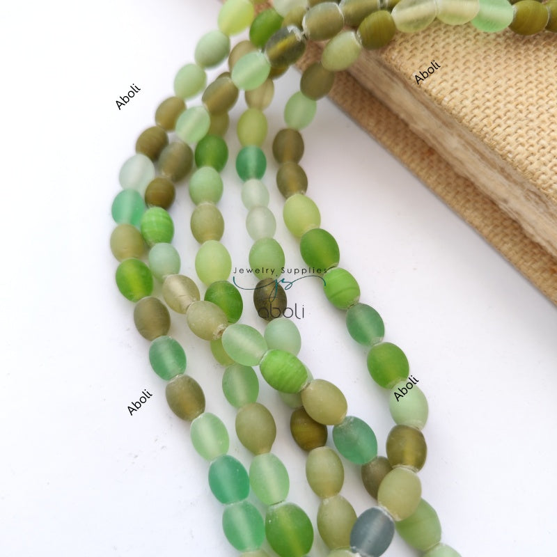 Oval glass beads 10 mm matt finish plain glass beads Green glass beads OMGB5 10 beads