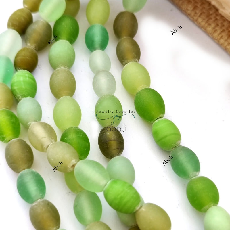 Oval glass beads 10 mm matt finish plain glass beads Green glass beads OMGB5 10 beads