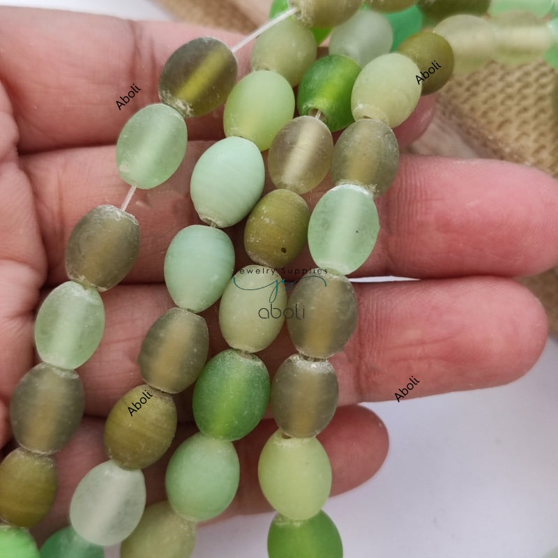 Oval glass beads 10 mm matt finish plain glass beads Green glass beads OMGB5 10 beads