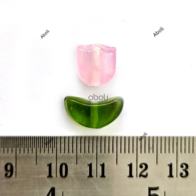 Pink tulip flower glass beads with green leaves beads GBTF3