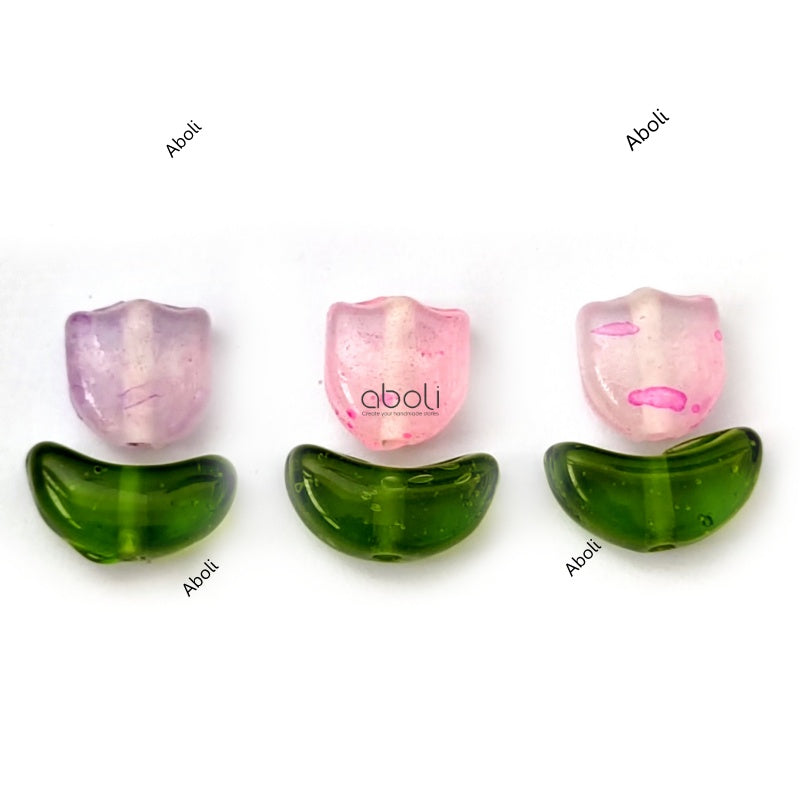 Pink tulip flower glass beads with green leaves beads GBTF3