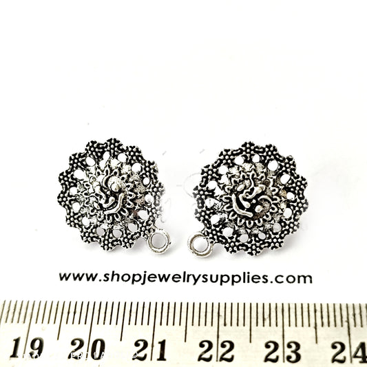 Silver floral round stud earring components metal earrings findings ESS96