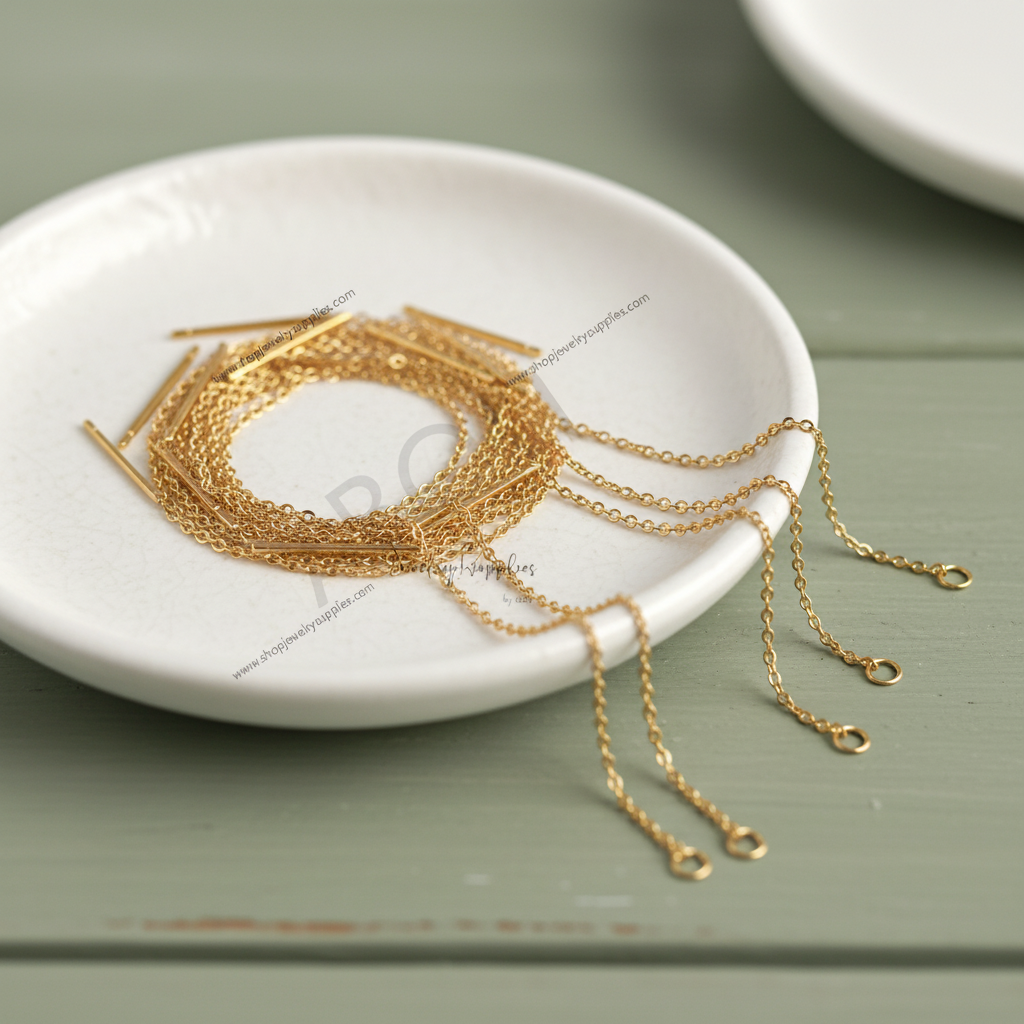 Gold chains on a white dish with a green background