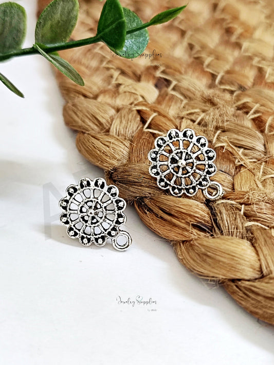 Oxidized silver filigree round floral stud earrings findings ESS204