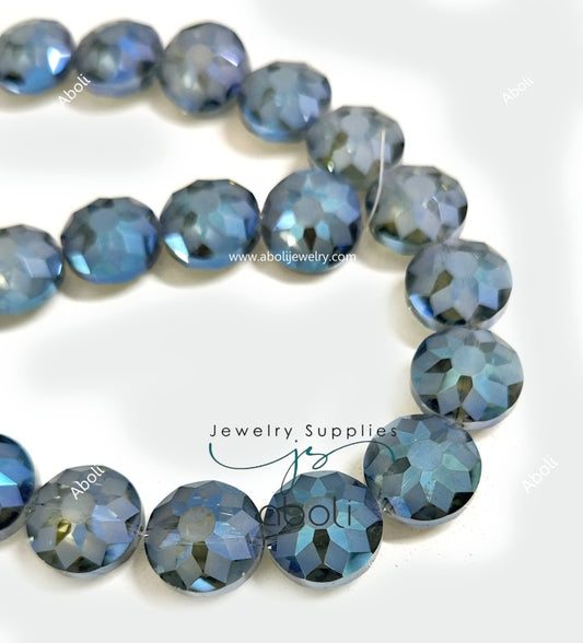 Saucer shaped Faceted crystal glass beads 18 x 12 mm blue big glass beads flat round FGB45