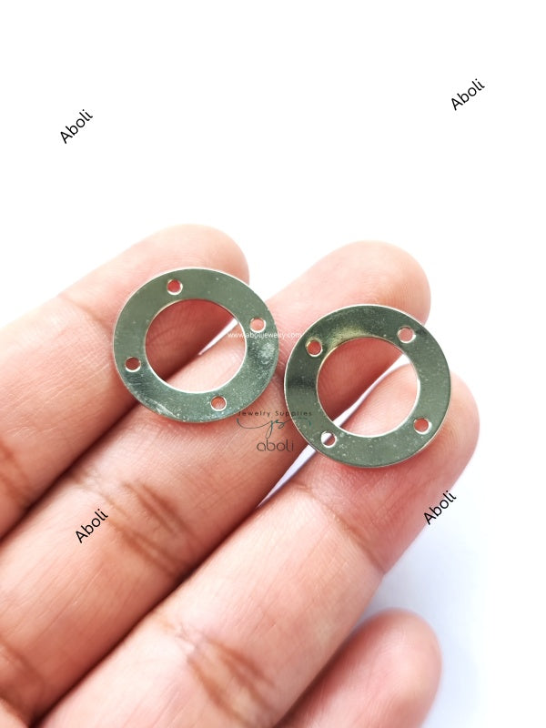 Silver disc connector with 4 holes Flat Metal donut connector Jewellery Component Glossy finish steel colour MACU17