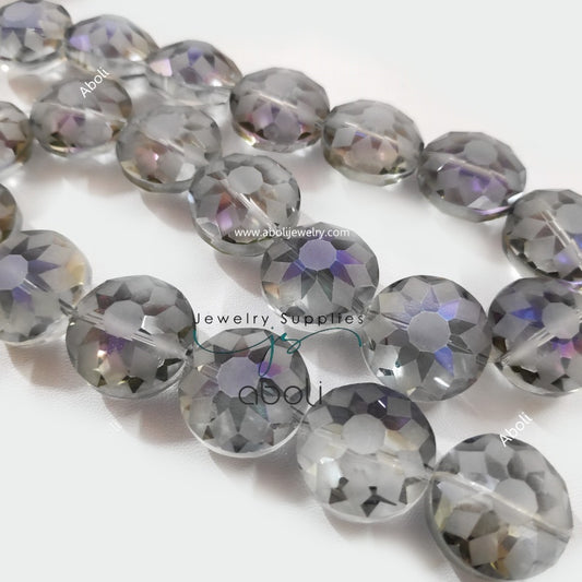 Saucer shaped Faceted crystal glass beads 18 x 12 mm grey purple big glass beads flat round FGB44