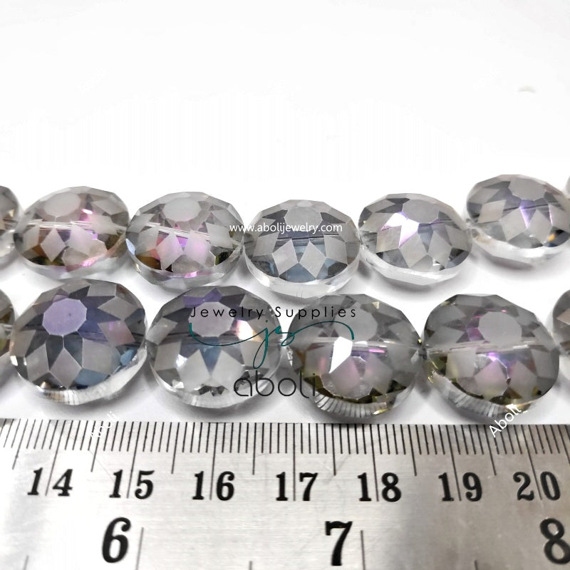 Saucer shaped Faceted crystal glass beads 18 x 12 mm grey purple big glass beads flat round FGB44