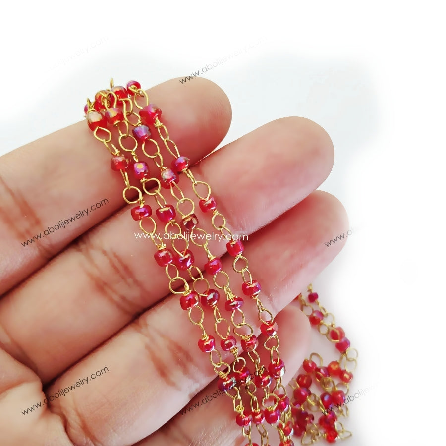 Tarnish resistant Aurora borealis pink beaded chain glass beads brass wire ABHPBC32 1 meter