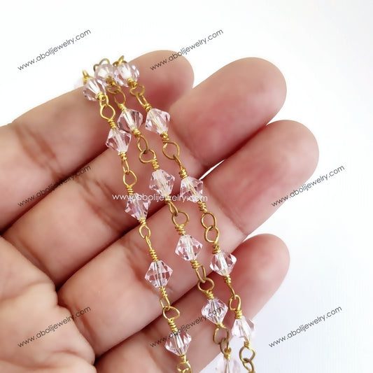 Tarnish resistant Bicone Crystal light pink Beaded Chains Brass Wire CBBCHP65 1 meter