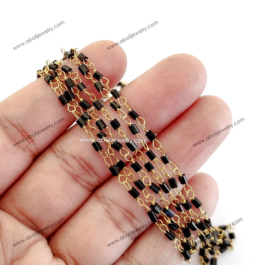 Tarnish resistant Black bugle beaded chain golden brass wire Modern mangalsutra chain BBBC22 1 meter