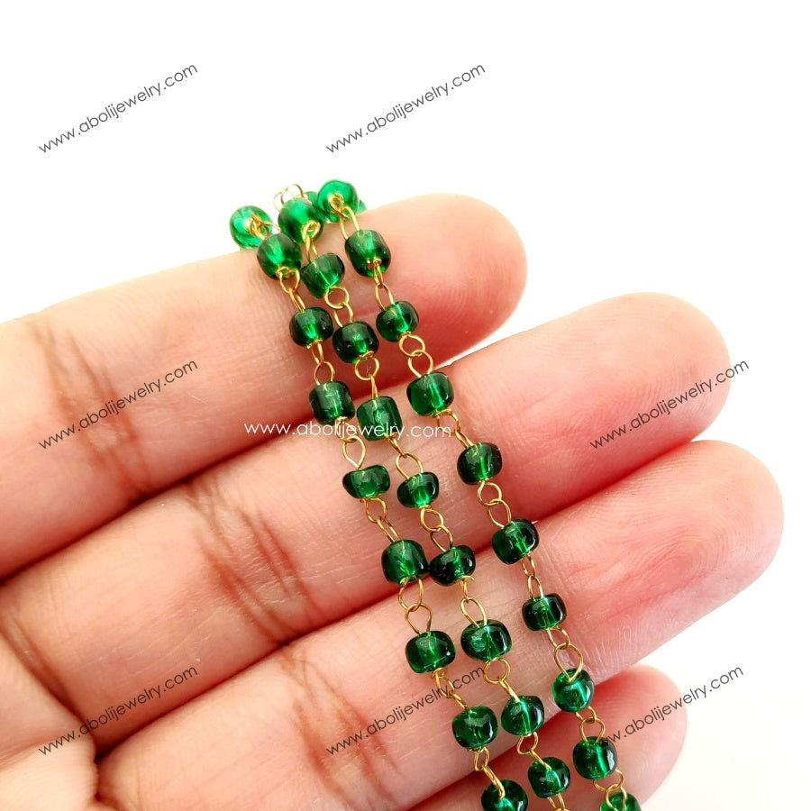 Tarnish resistant green beaded chain glass beads brass wire GBC11 1 meter