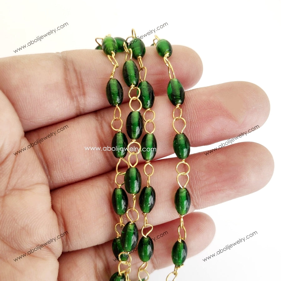 Tarnish resistant Dark green oval beaded chain glass beads brass wire DGBC11 1 meter