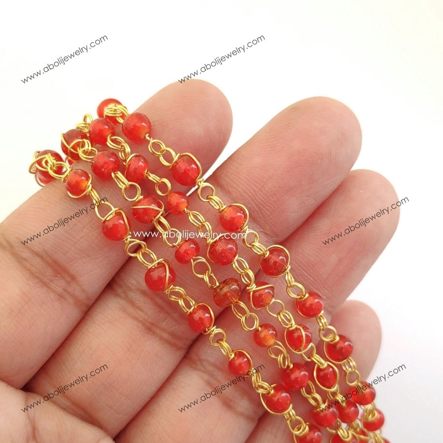 Tarnish resistant Orange beaded chain brass wire wrapped glass bead chain OBC5 1 meter