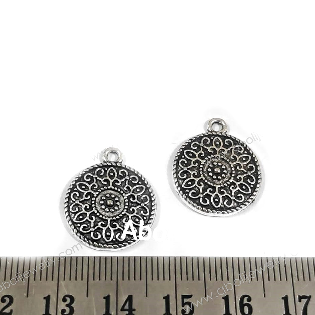 Silver mandala charms disc dangles coins CHM87 2 charms