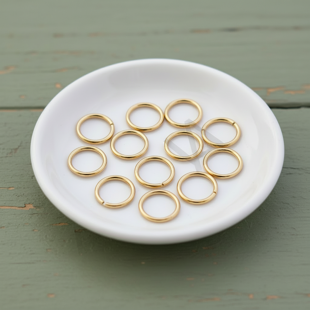 Gold jump rings on a white ceramic plate with a green wooden background