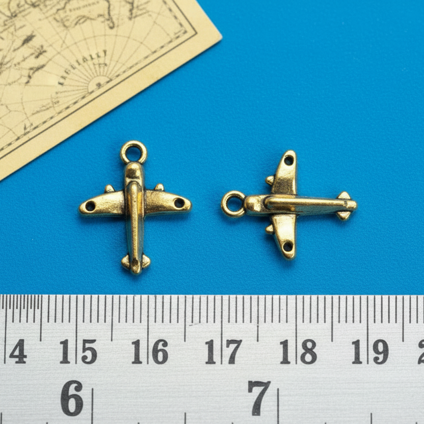Two gold airplane-shaped charms on a blue surface with a ruler for scale.