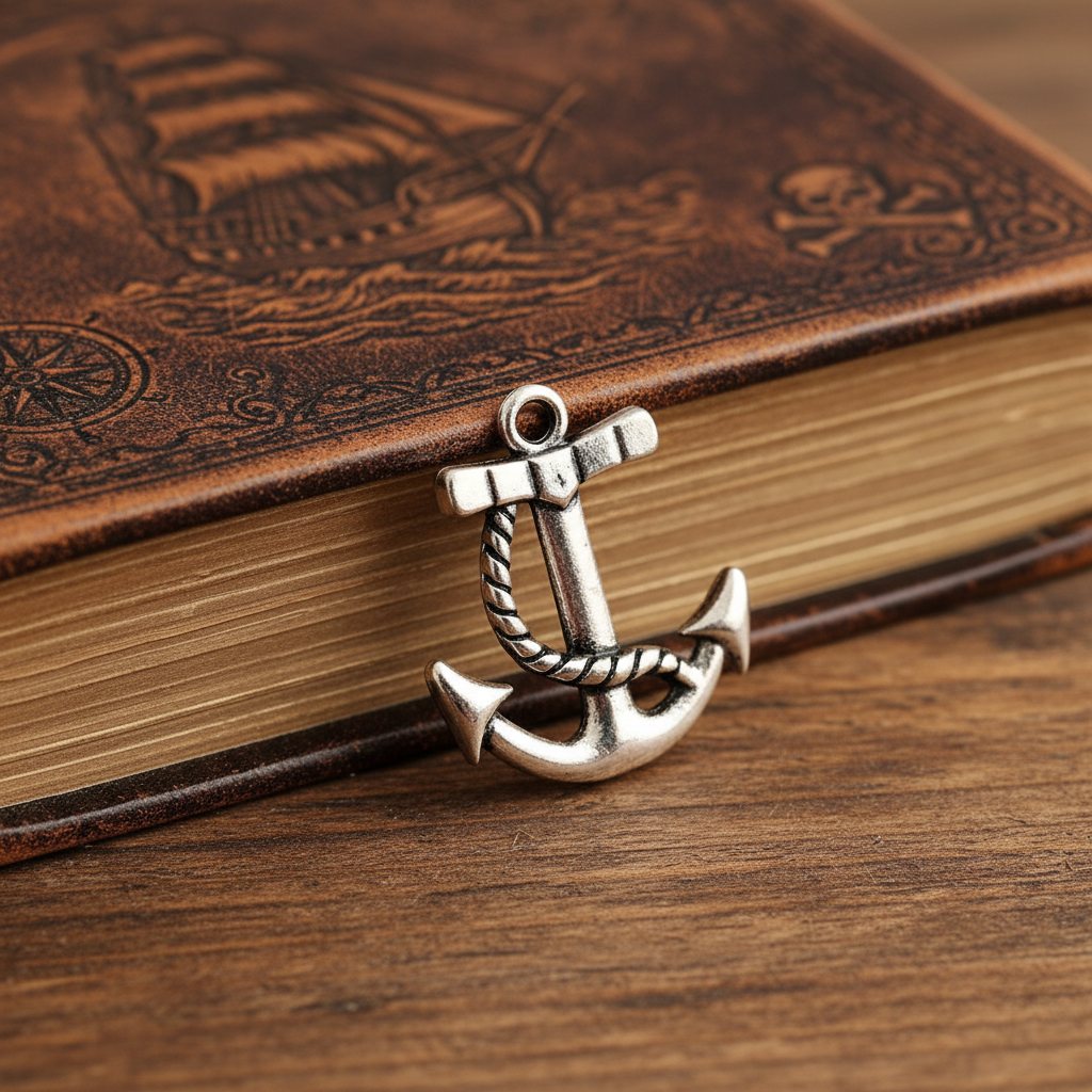 Silver anchor pendant on a wooden surface with a leather-bound book in the background