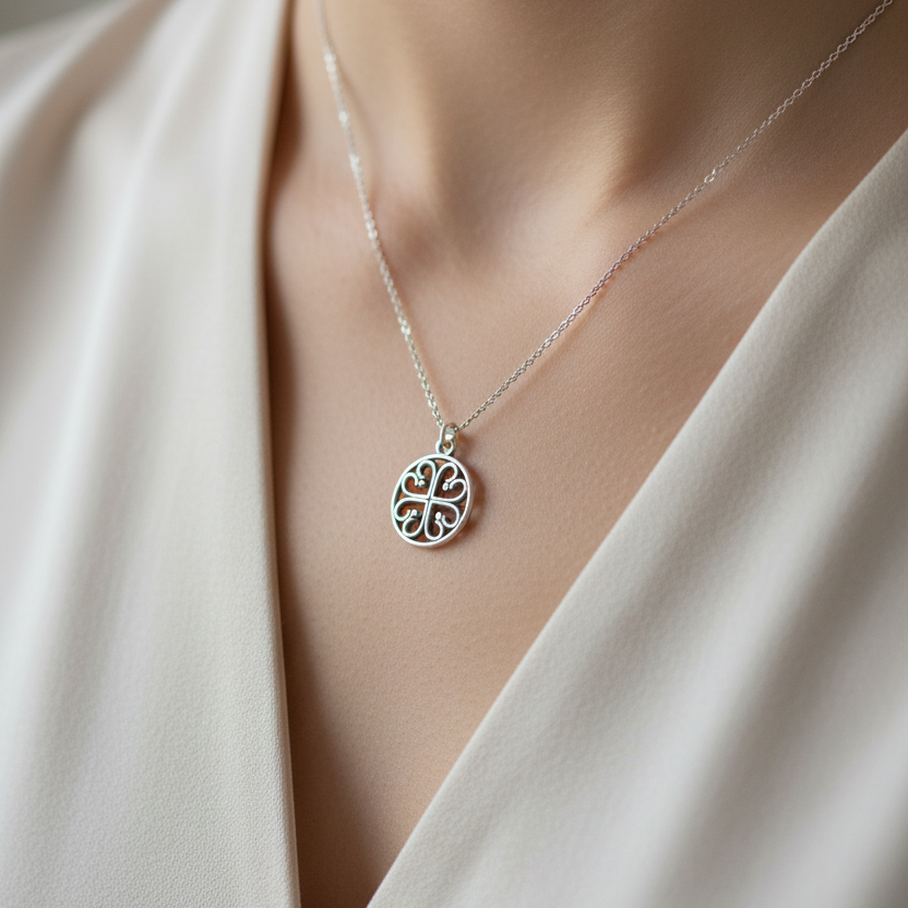 Silver necklace with a circular pendant worn by a person in a white outfit.