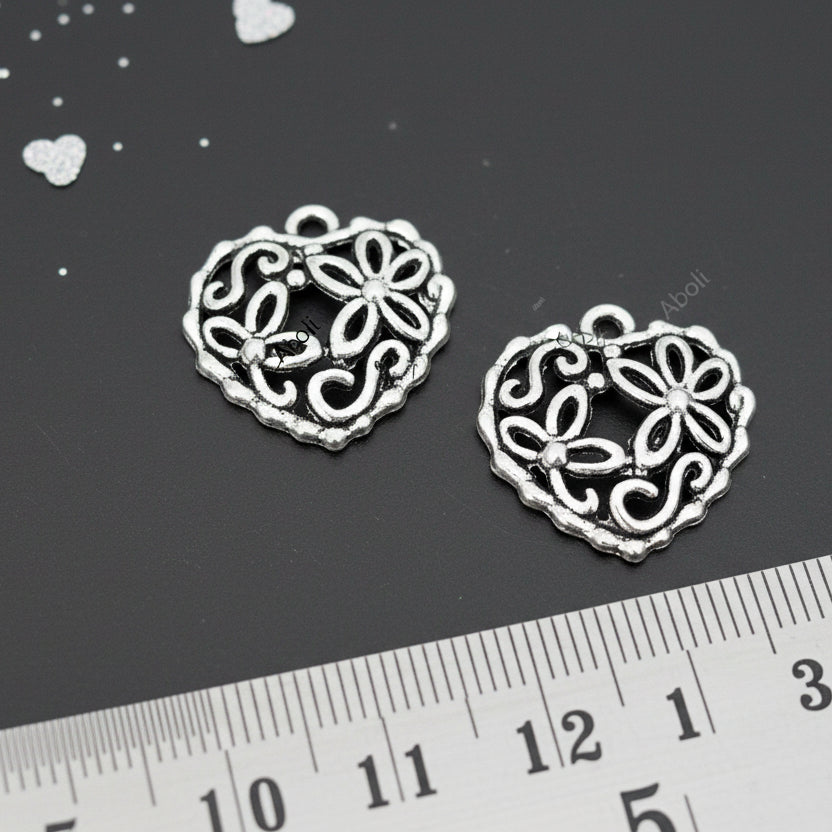 Silver filigree heart charm floral heart CHMS130 2 charms