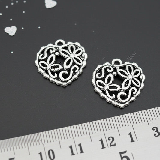 Silver filigree heart charm floral heart CHMS130 2 charms