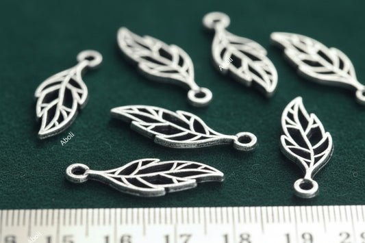 Silver leaf charm antique oxidized silver leaf charms CHMS168 2 charms