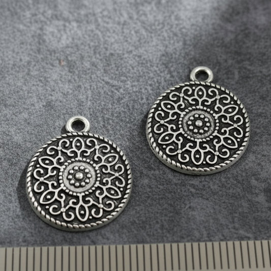 Silver mandala charms disc dangles coins CHMS87 2 charms
