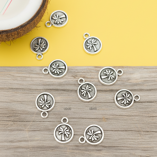 Silver palm tree circle Charm disc coin charm double sided CHMS119 10 charms - Jewelry Supplies