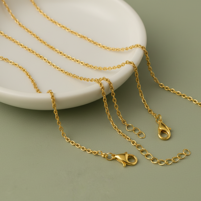 Steel chains on a white dish with a green background