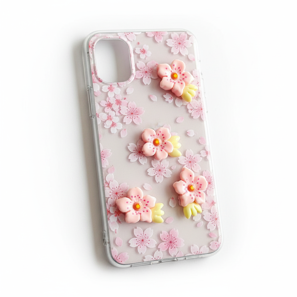Phone case with pink floral design on a white background
