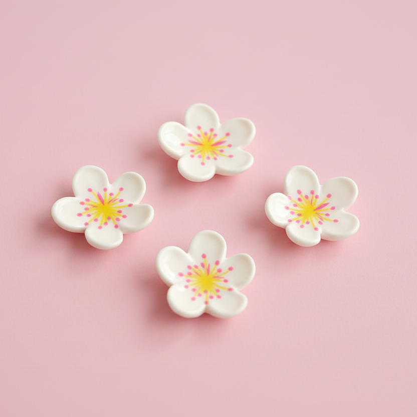 Four white flower-shaped cabochons with yellow centers on a pink background