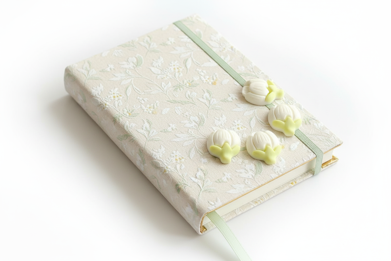 Decorative notebook with floral patterns and decorative cabochon on a white background