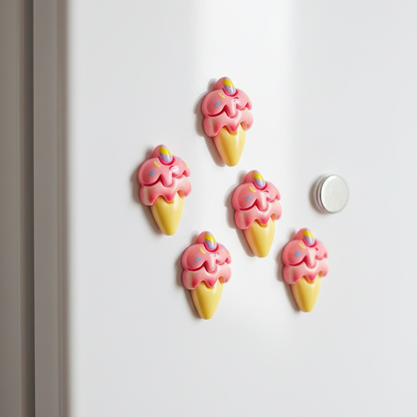 Ice cream-shaped magnets on a white refrigerator door
