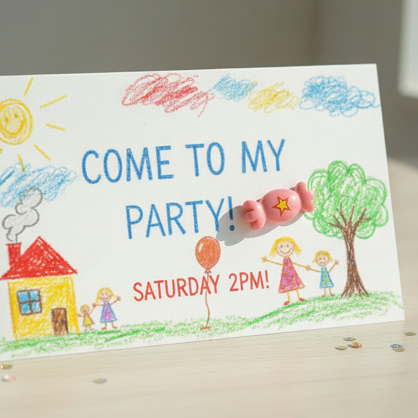 Children's party invitation with colorful drawings on a wooden surface