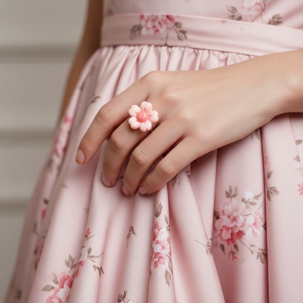 Hand wearing a pink floral ring with a person in a pink floral dress.