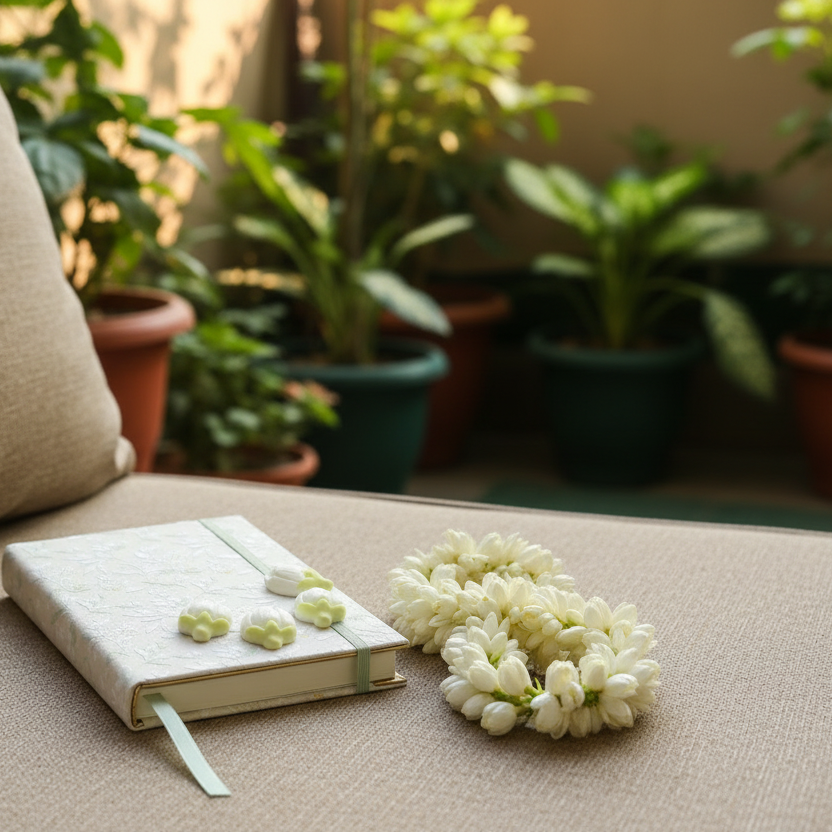 Notebook with flowers on a couch surrounded by potted plants