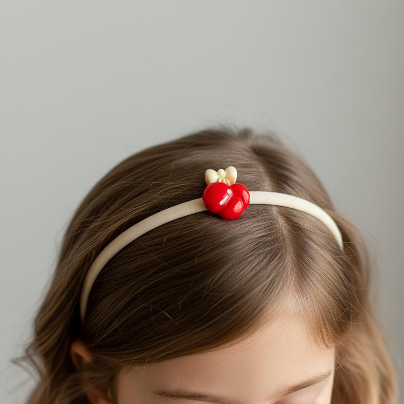 Red cherry-shaped cabochon on a white surface with a green background