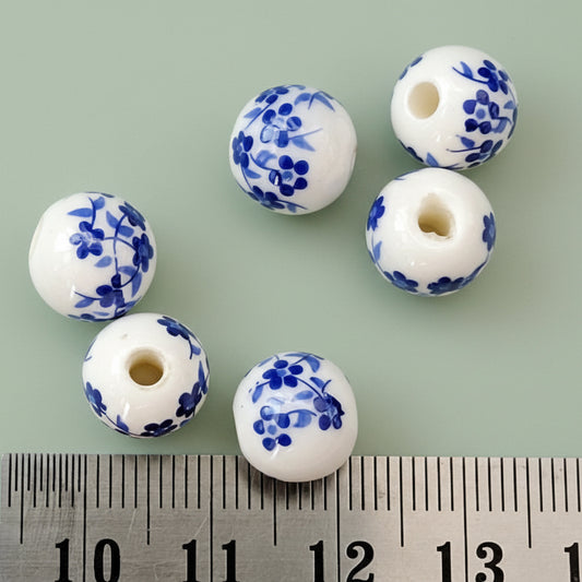 White Porcelain bead blue flowers Round bead 10 mm PBJB16 1 bead