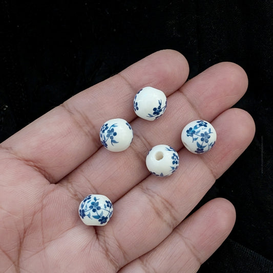 White Porcelain bead blue flowers Round bead 10mm, Hole: 2mm PBJB15 1 bead