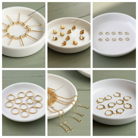 Collage of gold jewelry pieces on a white dish against a green background