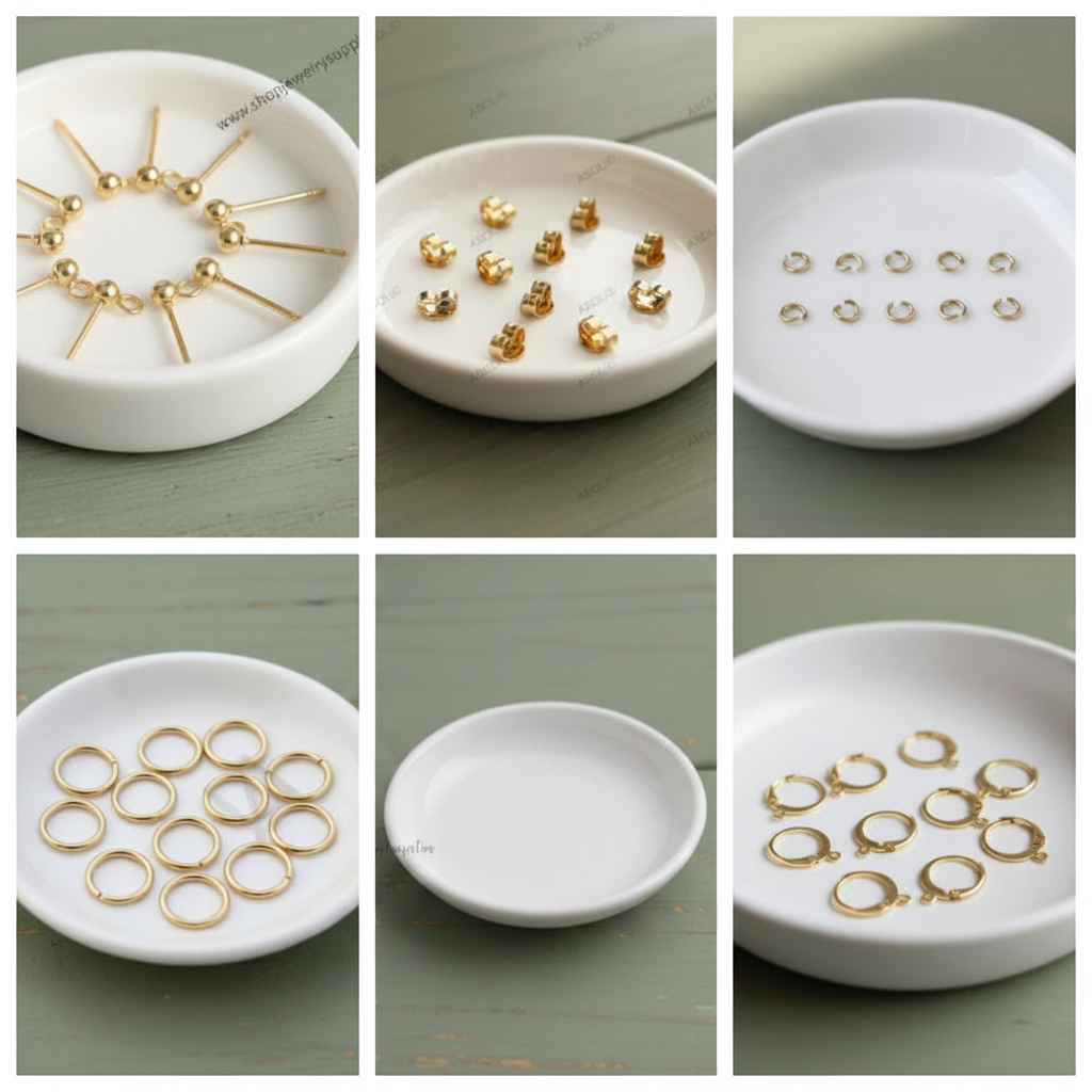 Earring Making Kit 60 pieces | Anti Tarnish Gold Plated Findings Bundle | Stud Posts, Jump Rings (3 mm & 6 mm), Steel Ball Hooks, Leverback Hooks & Ear Nuts SSSB03