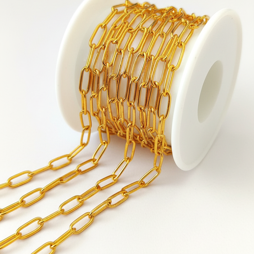 Gold chain on a white spool against a white background