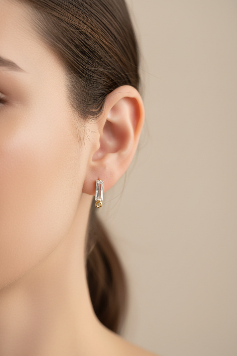 18 k Gold plated Cubic Zirconia stud earring making vertical rectangle stone CZEF09 2 pieces