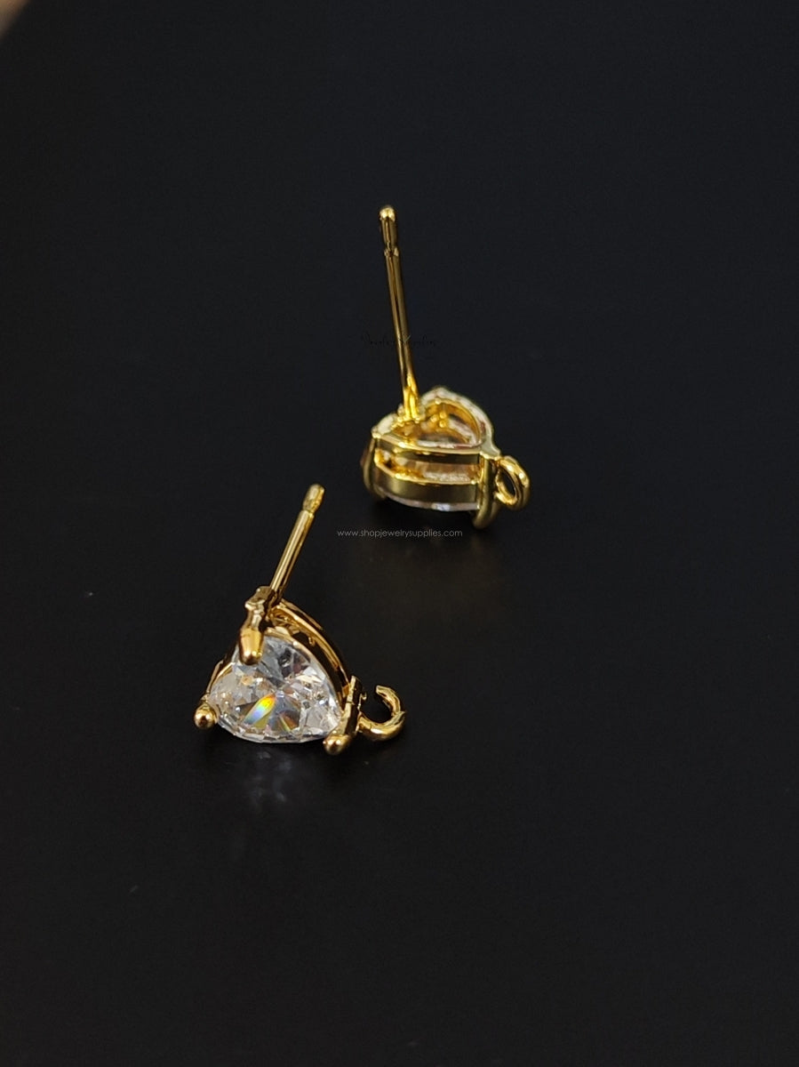 18K Gold Plated Brass Heart Cubic Zirconia Stud Earring Findings Clear CZ 