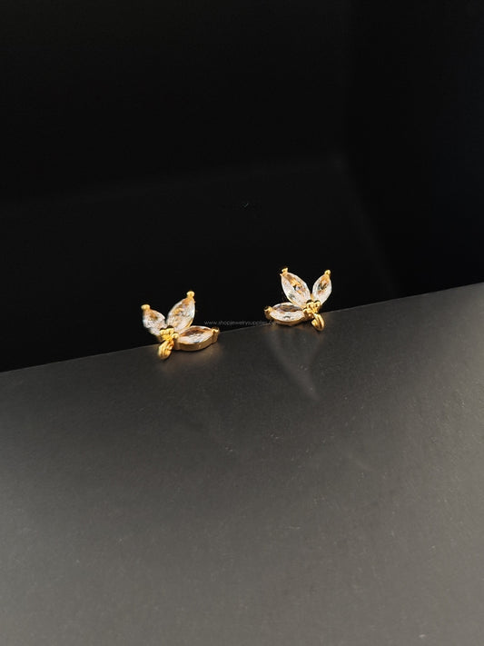 18K Gold Plated Cubic Zirconia Flower Stud Earring Findings 3 Petal Design Brass Nickel Free CZEF11 2 pieces