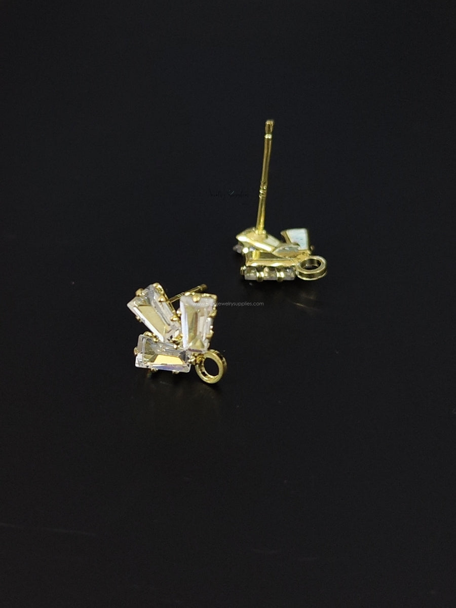 Brass golden Cubic Zirconia Stud Earring Findings Clear Stone earrings Making Supplies CZEF04 2 pieces