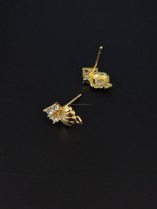14K Gold Plated Cubic Zirconia shell Stud Earring Findings Brass Nickel Free CZEF12