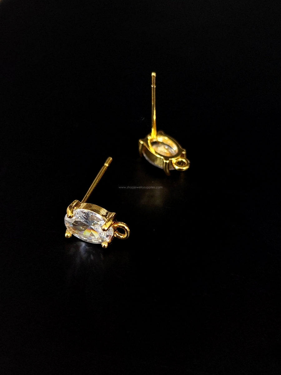 18K Gold Plated Brass oval Cubic Zirconia Stud Earring Findings Clear CZ CZEF08 2 pieces