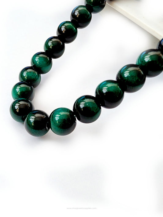 8 mm glass beads round Dark green black glass beads 1 strand GB8