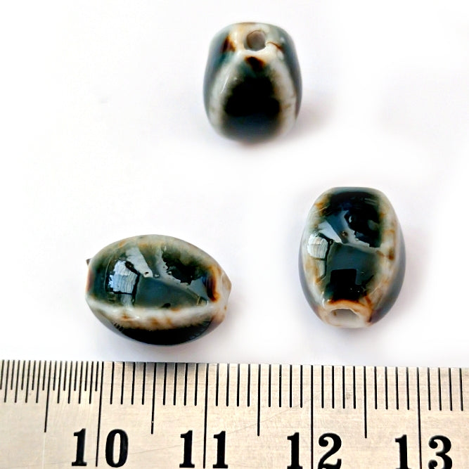 Glazed porcelain beads cadet blue puffy oval PBJB6 1 bead